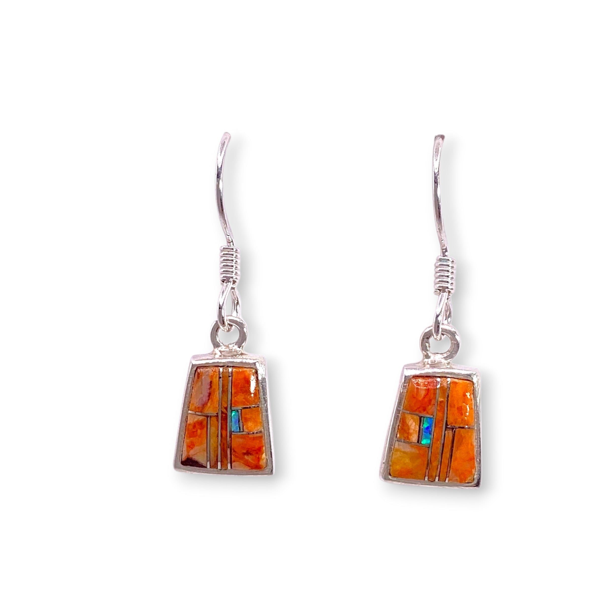 Spiny Oyster Shell And Opal Inlay Trapezoid Earrings Sterling