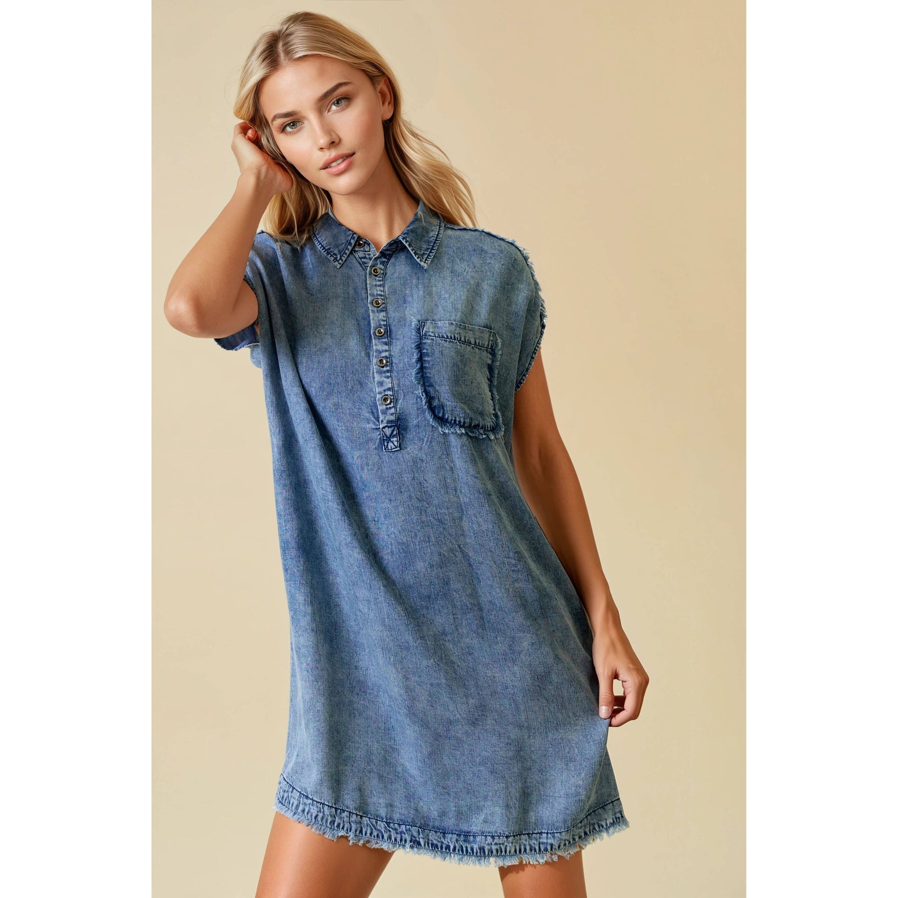 denim short sleeve mini dress PrettyLittleThing Mid Blue Wash Short Sleeve Seam Detail Button Down Denim Mini Dress