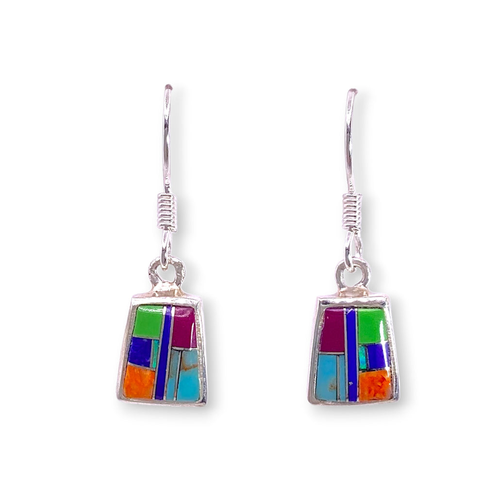 Multi Stone Inlay Trapezoid Earrings Sterling Silver Native Made