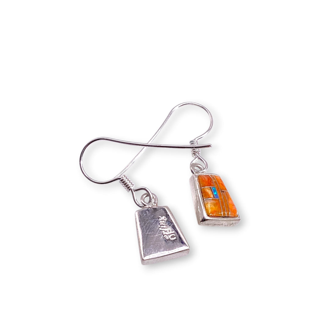 Spiny Oyster Shell And Opal Inlay Trapezoid Earrings Sterling
