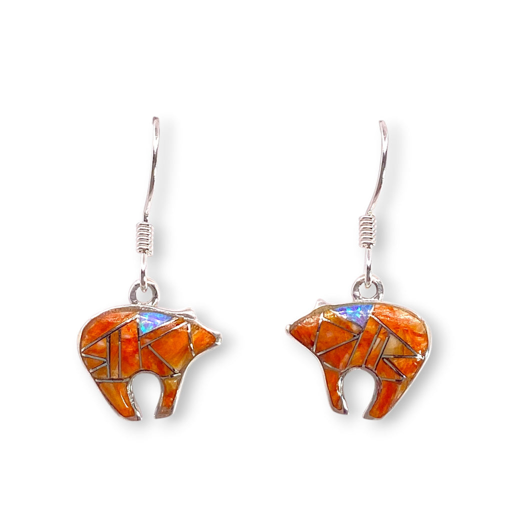 Spiny Oyster Shell And Opal Inlay Bear Earrings Sterling Silver