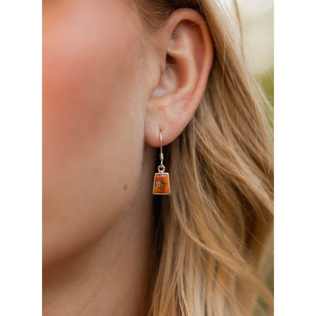 Spiny Oyster Shell And Opal Inlay Trapezoid Earrings Sterling