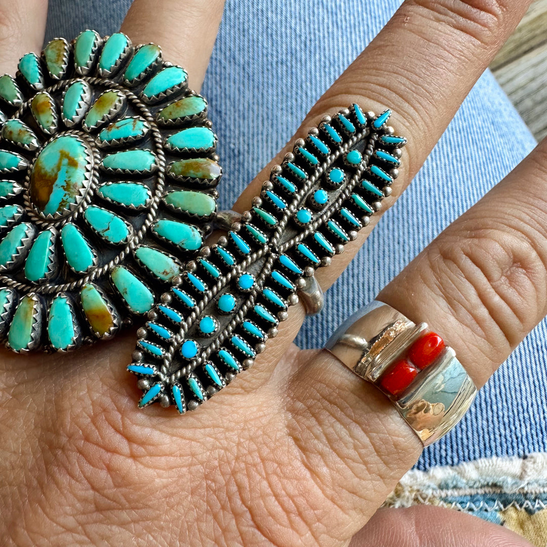 Vintage Turquoise Petit Point Long Zuni Ring Native American Made