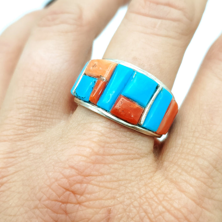 EDISON YAZZIE CORAL AND TURQUOISE COBBLE RING | LANTERN DANCER